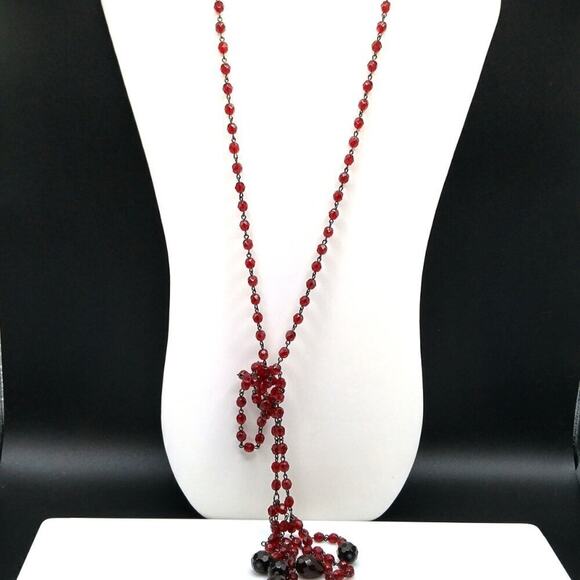 Vintage Red Crystal Necklace, Lydell NYC, Lariat Tassels Black End Pieces, 48 In - Picture 7 of 9
